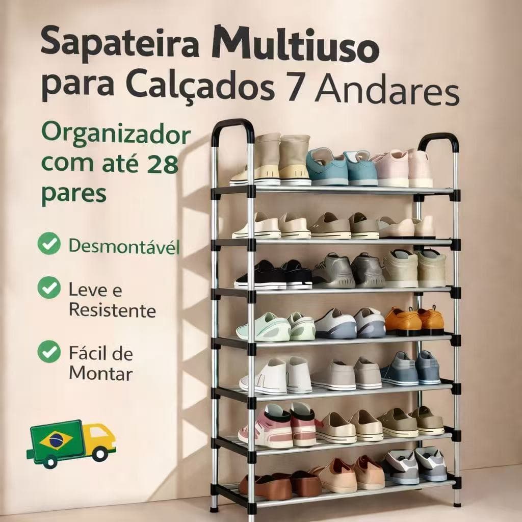 Sapateira Vertical Organizador 7 Prateleiras Aço Cromado Luxo Desmontável Multiuso