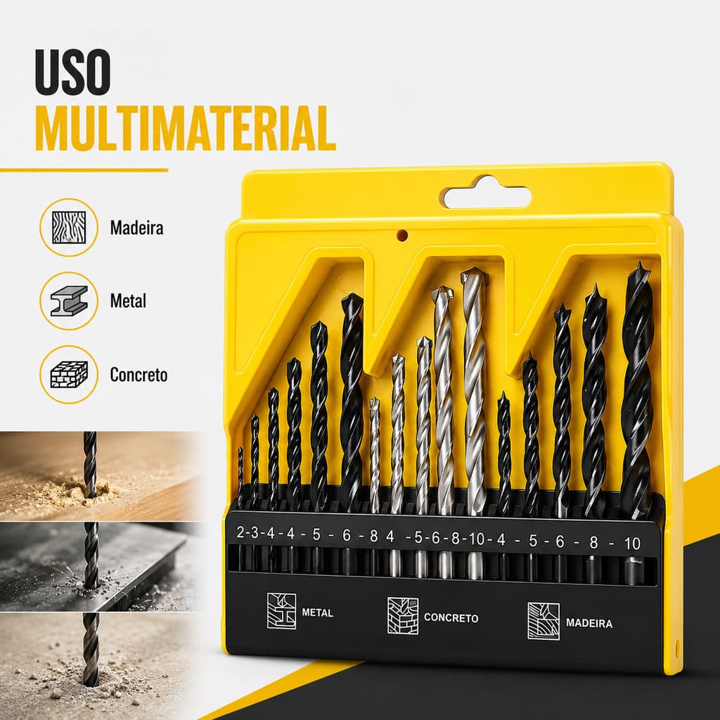 Kit Jogo 16 Brocas Estojo Ferro Concreto Madeira Videa Aço Para Furadeira