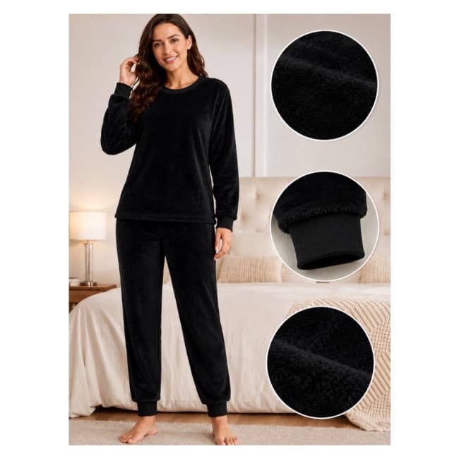 Pijama Feminino de Fleece Manga Longa Preto GG