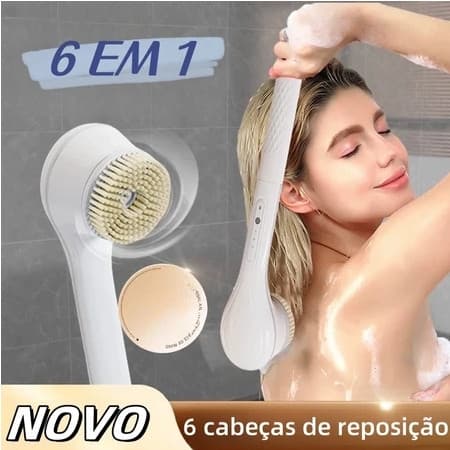 Escova de Banho Elétrica 6 em 1 com Cabo Longo e Cerdas Macias Recarregável via USB