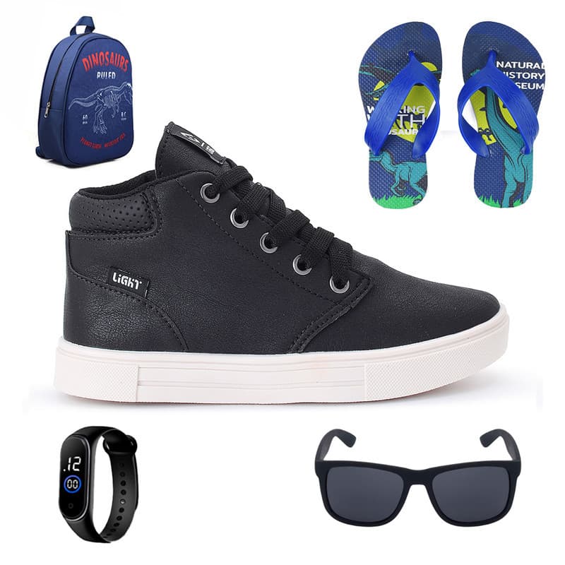 Conjunto Premium Infantil com Bota para Meninos Cano Médio Conforto + Mochila + Chinelo Leve + Relógio e Óculos