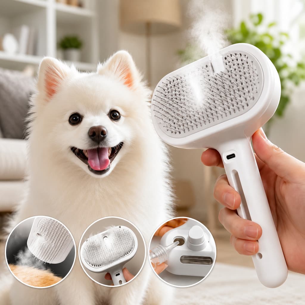 Escova Spray Para Pets 3 Em 1 Com Vapor Higienização e Remoção de Pelos Para Cães Gatos Coelhos