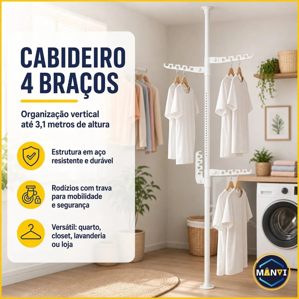 Cabideiro Vertical Mancebo Roupas Chão Teto Closet Quarto Sala Recepção Extensívo 4 Braços Elegante