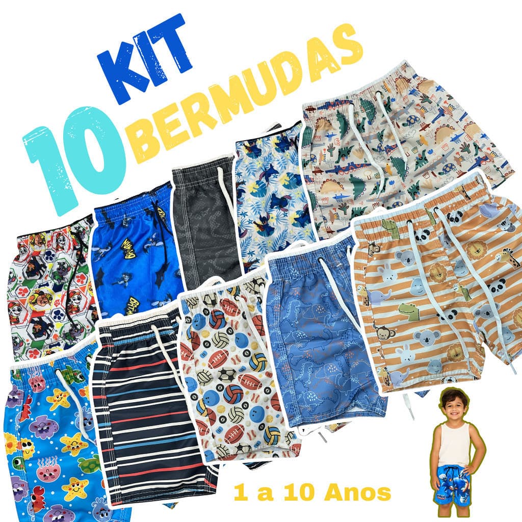 Kit 10 Shorts Infantil Menino Bermuda Juvenil Tactel Masculina Moda Praia,  Best Brazil