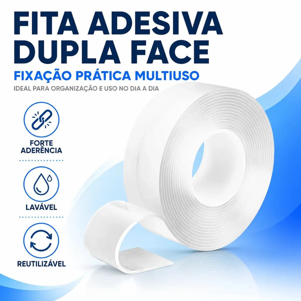 Fita Dupla Face Nano BMED Transparente 3m x 2cm Lavável Adesiva Removível Multiuso Reutilizável