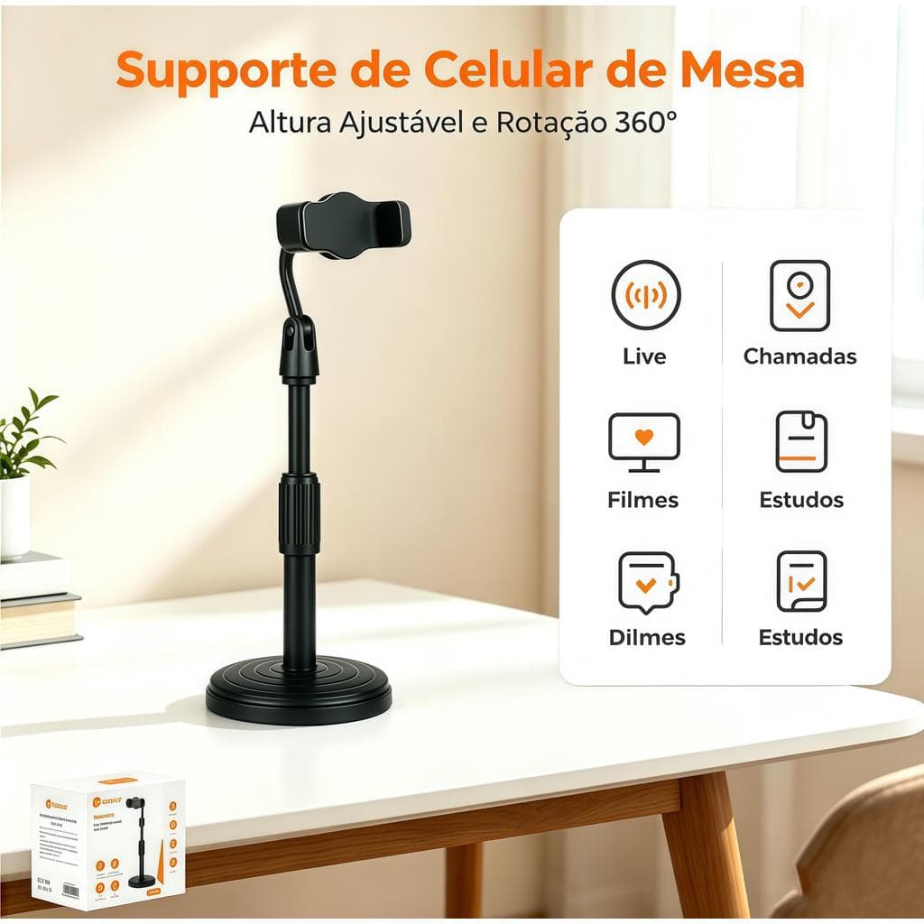 Suporte de Celular de Mesa Ajustável Rotação 360° Universal para Live Vídeos e Estudos