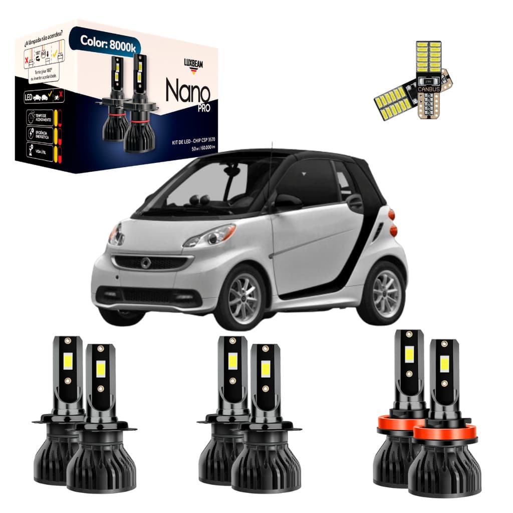 Kit Super Led Fortwo 2007 a 2014 Nano Pro 50w 60.000lm 8000k Farol Alto Baixo e Milha Luxbeam