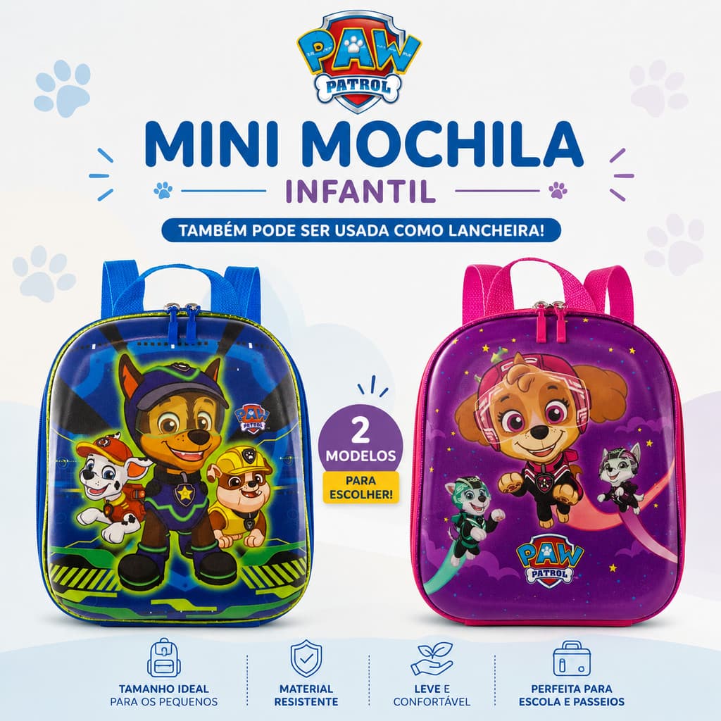 Mochila Lancheira Infantil Mini Alças P Patrulha Canina EVA Zíper Paw Patrol