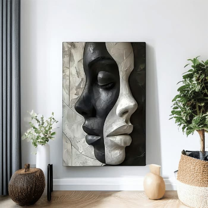 Quadro Decorativo Rostos Esculpidos Preto e Branco 60x90 Tela Canvas Grande Pronto Para Pendurar Sala