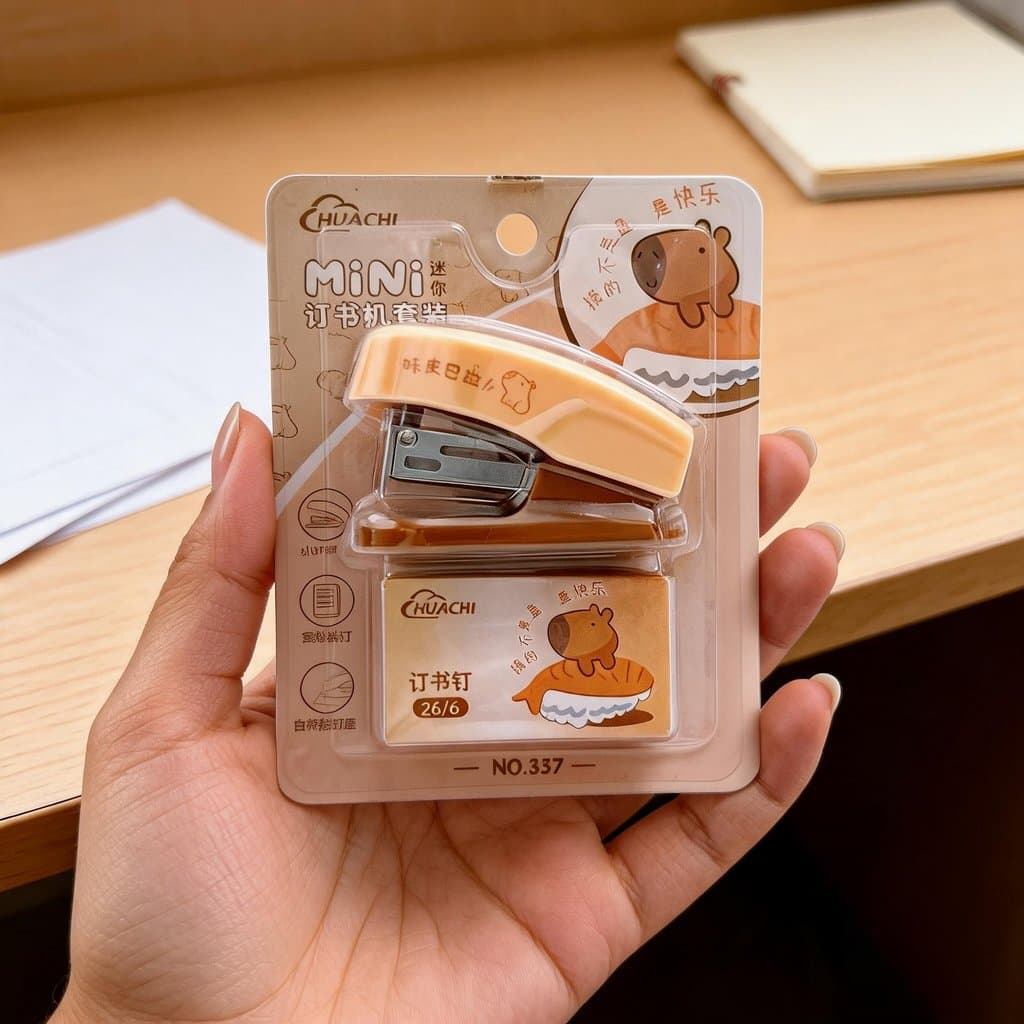 Kit Grampeador Mini Estampa Capivara com Grampos 26/6 Portátil Para Escola Escritório Casa