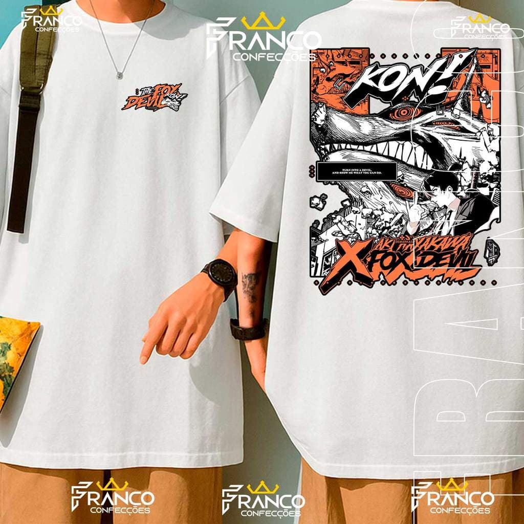 Camiseta Oversized Anime Aki Kon Poder Chainsaw Man Fox Devil Camisa Unissex 100% Algodão Premium