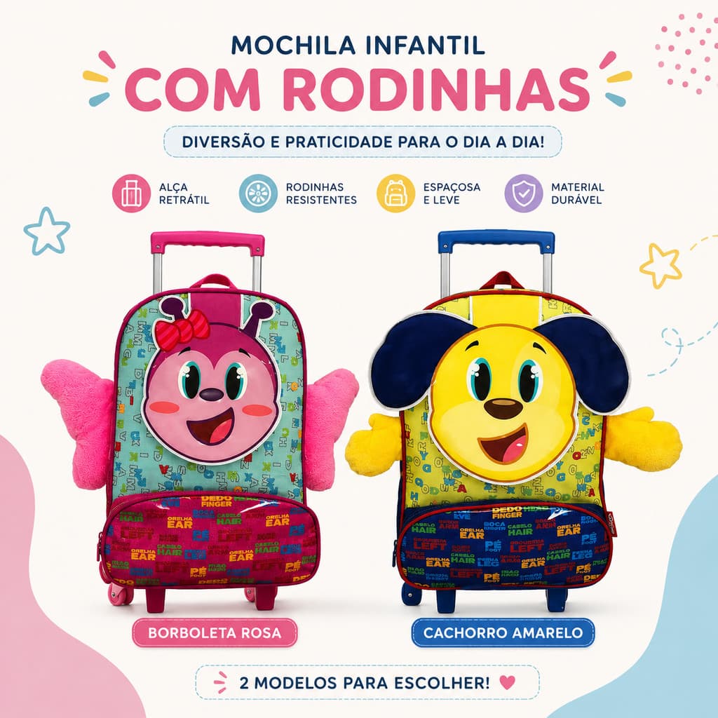 Mochila Infantil Rodinha Escolar Alça Borboleta