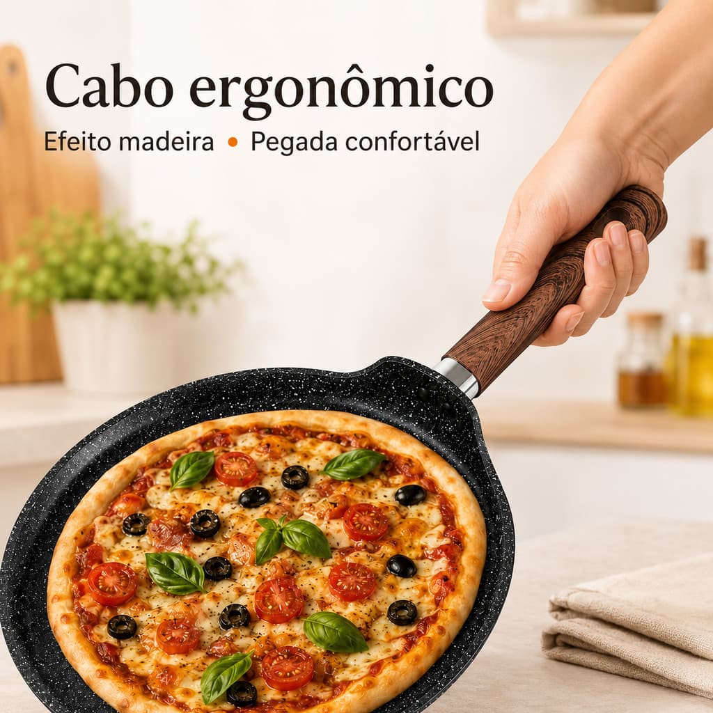 Forma de Pizza 24cm Antiaderente com Cabo de Madeira Alongado para Cozinha