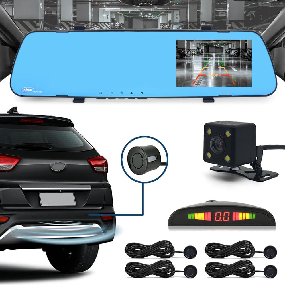 Kit Retrovisor C/ Tela + Câmera + Sensor Ré Preto Grand Siena 2012 2013 2014 2015 2016 Espelho Visor Estacionamento