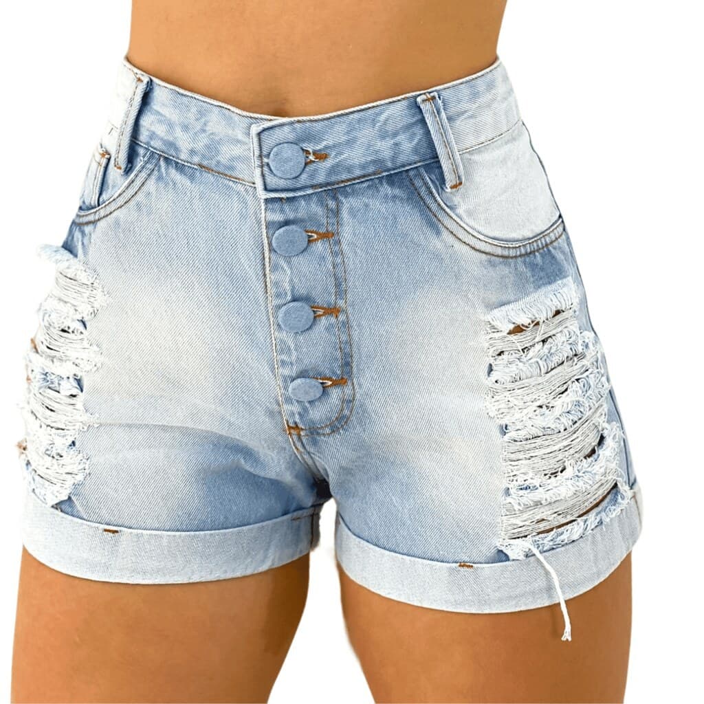 Short Jeans Feminino Soft Cintura Alta Hot Pants Destroyed, Lunza Moda Jeans