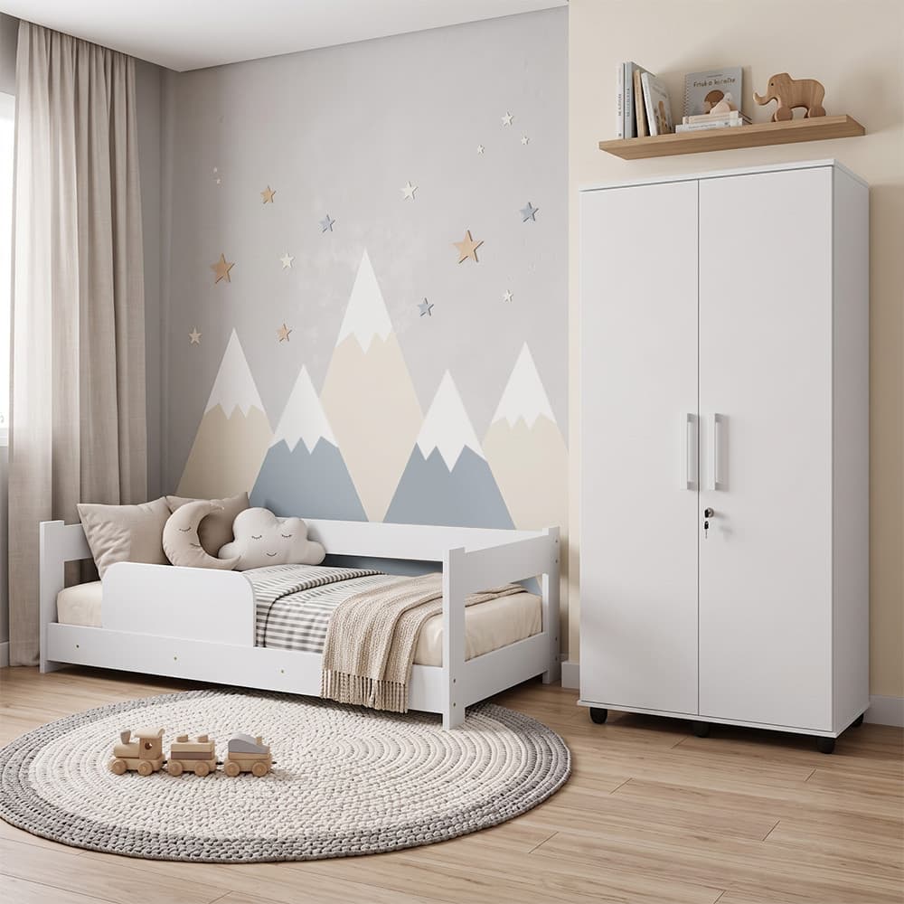 Kit Quarto Infantil Cama Montessoriana Baby com Grade + Roupeiro Infantil Ouro com Chave - Branco