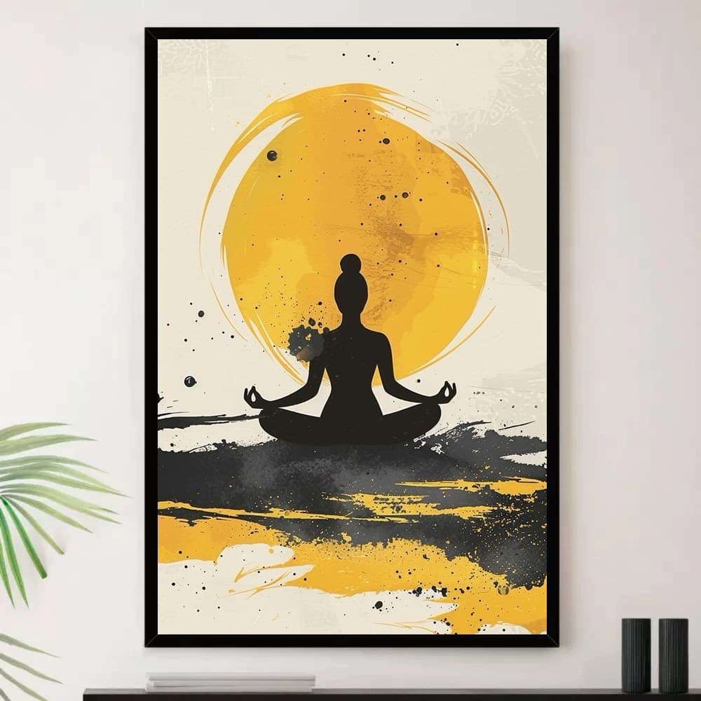 Quadro Placa Decorativa Composição em Tons Quentes em Mostarda, Azul-Marinho e Branco