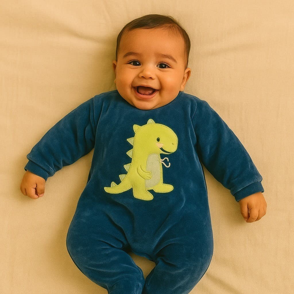 Macacão Bebê Menino Azul Marinho com Bordado Dino em Plush