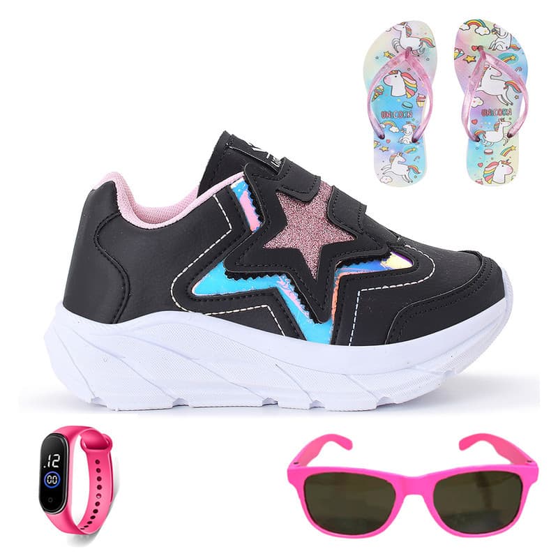 Kit com Tênis Modinha para Meninas Calce Fácil Delicado + Chinelo Leve + Óculos e Relógio