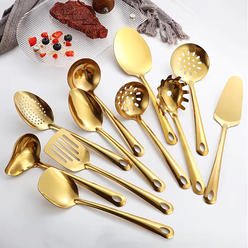 Conjunto 11 Peças Utensílios de Cozinha Dourado/Prata/Preto - Espátula, Concha, Escumadeira, Pá de Pizza Vendido(s) - 11