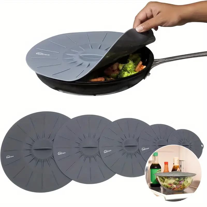 kit 5 peças Tampa de Silicone Resistentes ao Calor P/Micro-ondas panela CINZA Tampas de Sucção Reutilizáveis Tigelas  Va