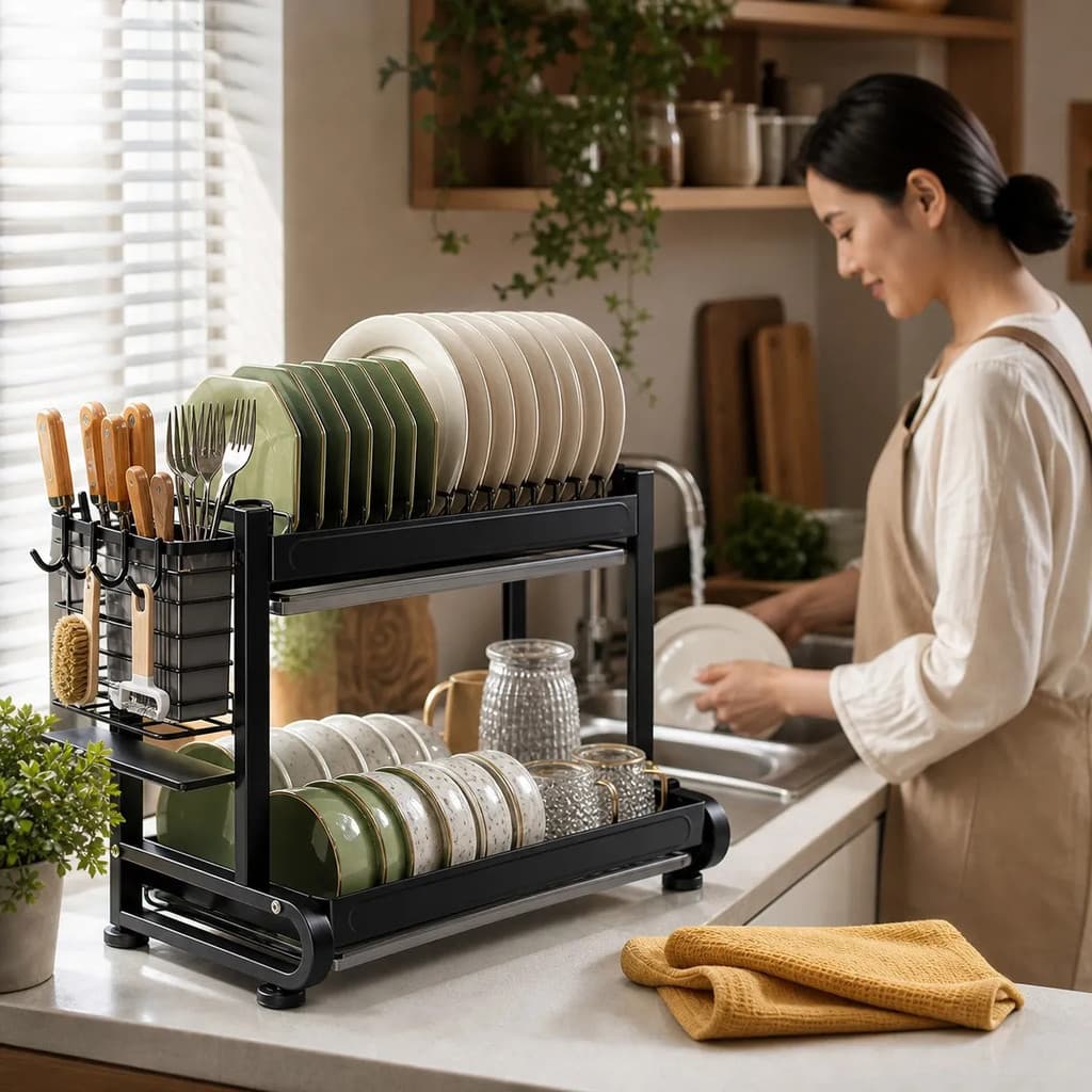 Escorredor Louças Pratos Duplo 2 Andares Inox Talheres Bancada Pia Cozinha Grande Preto Fosco
