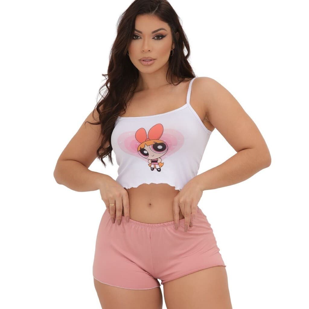 KIT Com 2 Pijama Verão Baby Doll Personagens Cropped Virginia Luxo Feminino Ondinha Alcinha