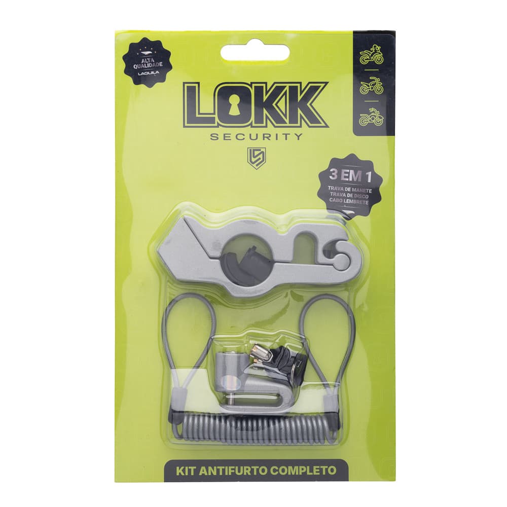 TRAVAS KIT C/ 3 PECAS LOKK SECURITY PRATA CADEADO MOTO