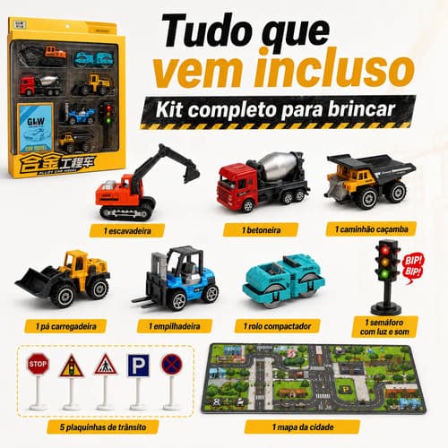 Kit Carrinhos Construção Metal Escavadeira Trator 3 em 1