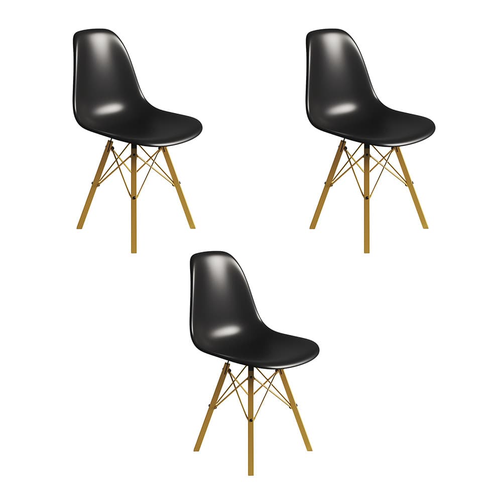 Conjunto 3 Cadeiras Eames Tubo Ferro Dourado Assento Preto