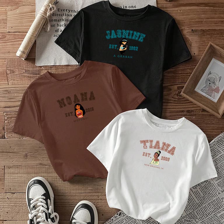 Camiseta Feminina Atacado Princesas Disney Jasmine Moana Tiana Estilo Moderno Streetwear