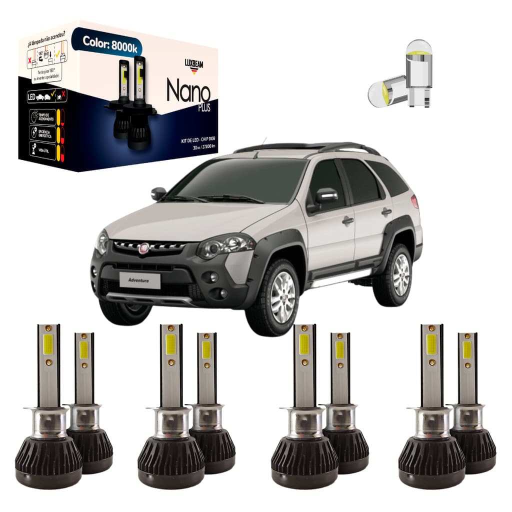 Kit Super Led Palio Adventure Locker 2009 a 2019 Nano Plus 30w 27.000lm 8000k Farol Alto Baixo e Milha Luxbeam