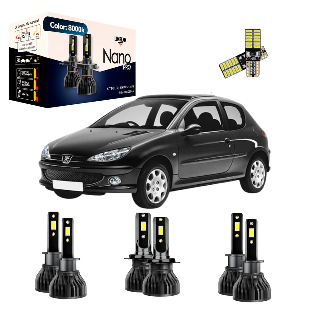 Kit Super Led 206 1998 a 2009 Nano Pro 50w 60.000lm 8000k Farol Alto Baixo e Milha Luxbeam
