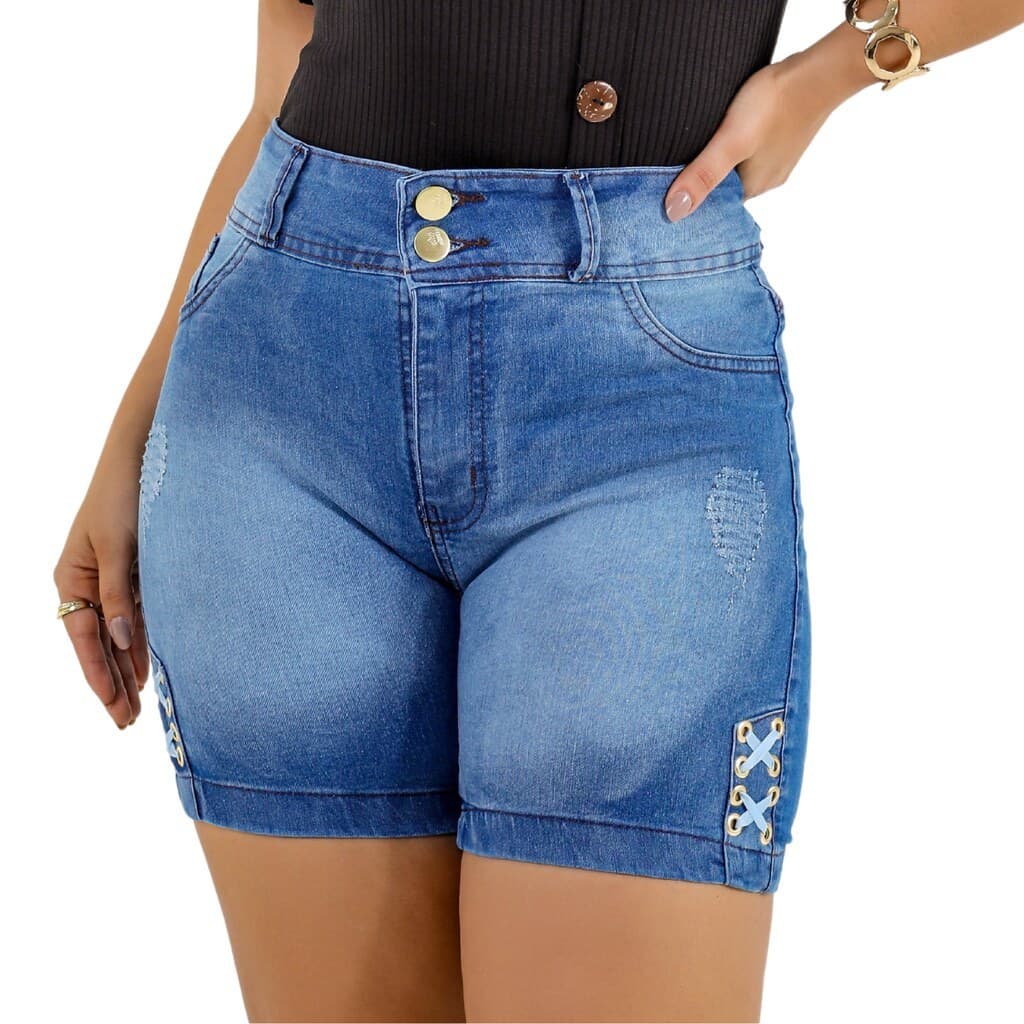 Short Jeans Feminino Premium Ilhós Esmaecido com Lycra, Arezza Moda Feminina