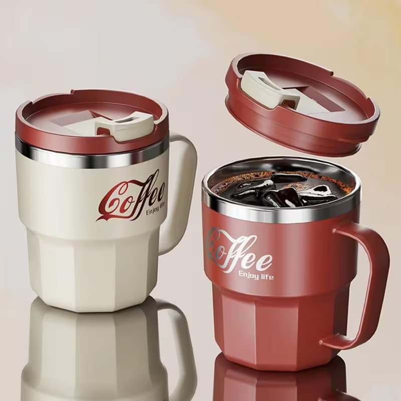 Xícara de café isolada de aço inoxidável 400ml, equipada com tampa resistente ao calor e alça criativa, adequada para ca