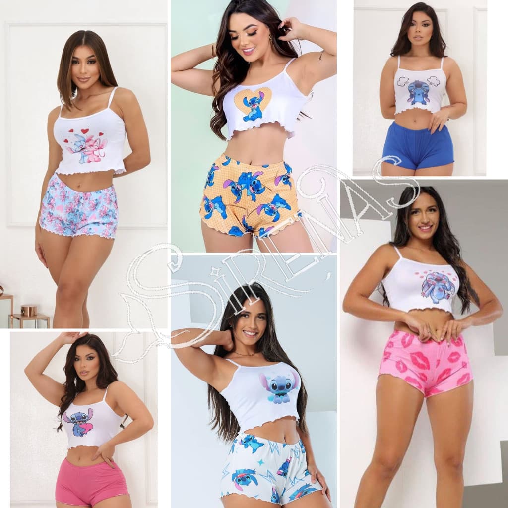 KIT 2 Pijama Verão Baby Doll Personagens Cropped Virginia Luxo Feminino Ondinha Alcinha Confortavel