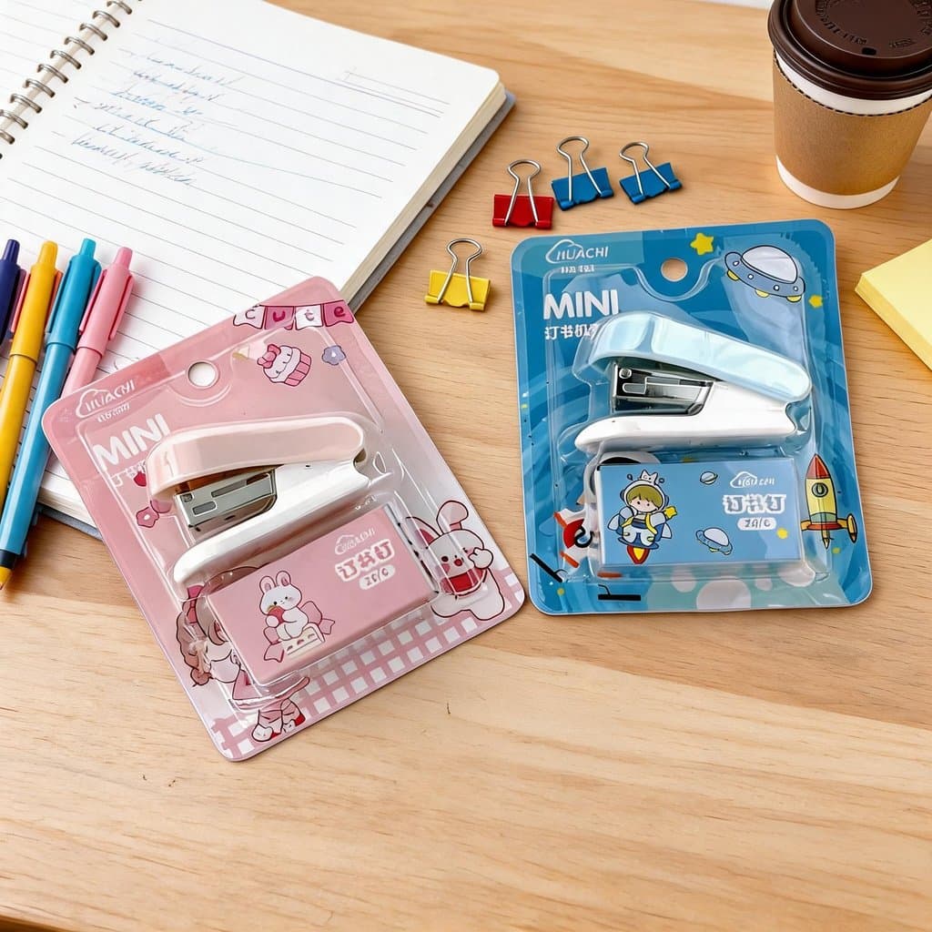 Conjunto Grampeador Mini Estampado Fofo com Caixa de Grampos Nº 10 – Ideal para Escola e Escritório