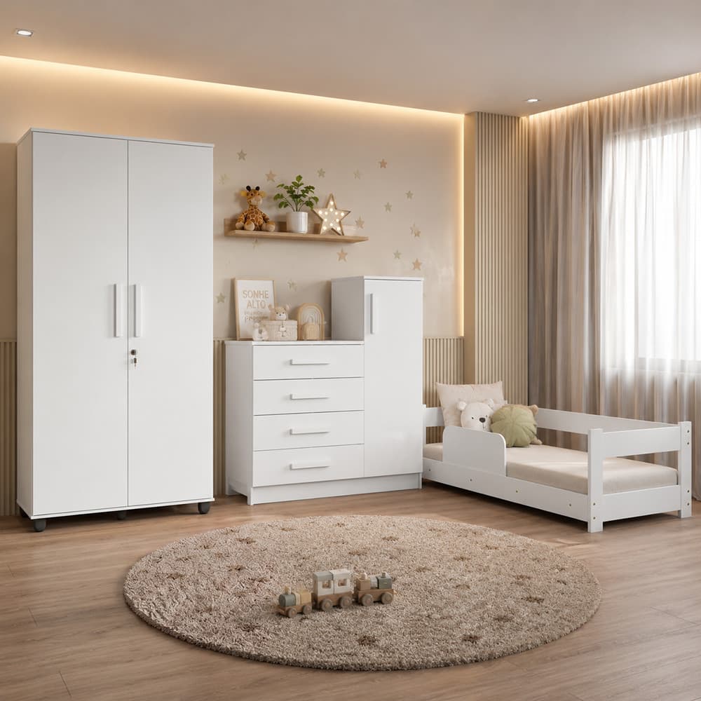 Kit Quarto Infantil Cama Montessoriana Baby com Grade + Roupeiro Ouro + Cômoda Versátil - Branco
