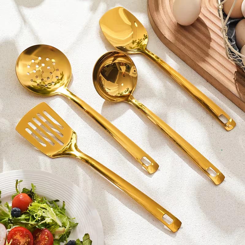 Conjunto 11 Peças Utensílios de Cozinha Dourado/Prata/Preto - Espátula, Concha, Escumadeira, Pá de Pizza Vendido(s) - 11