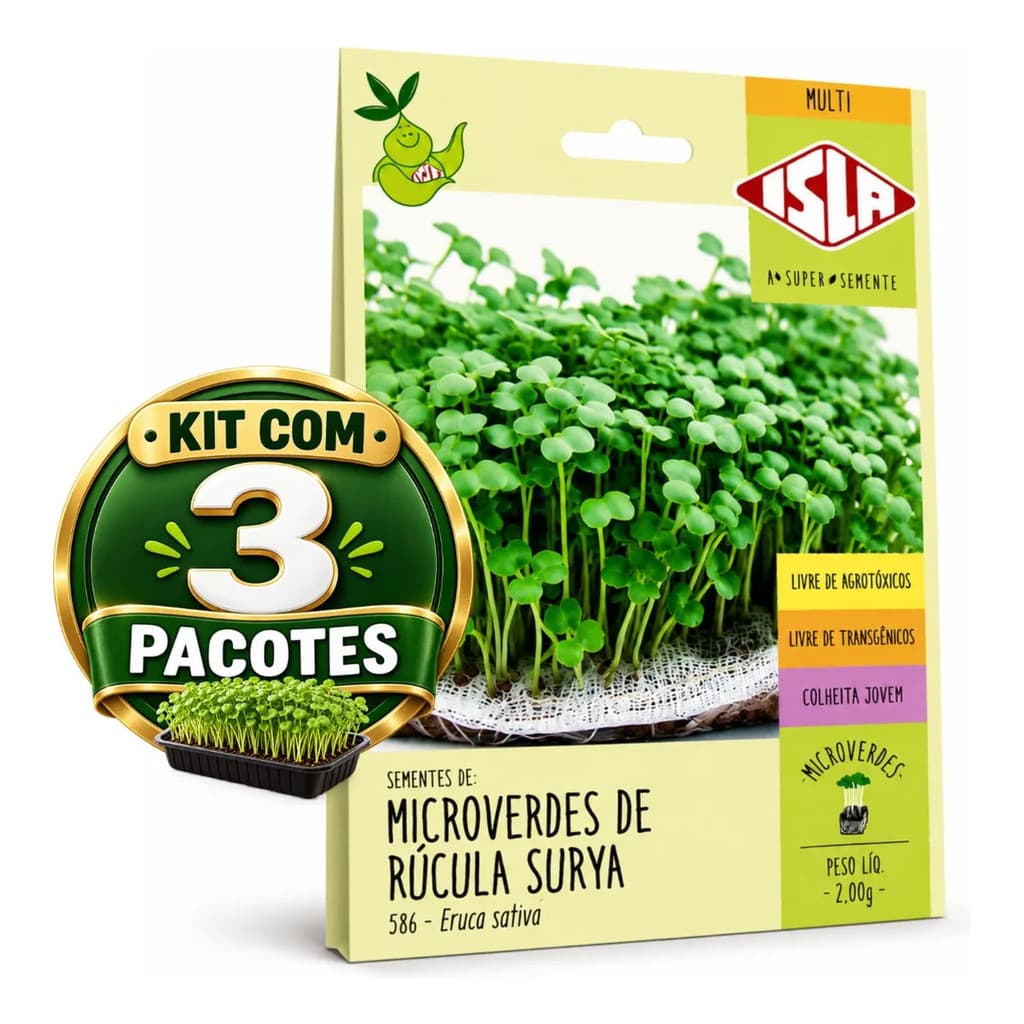 Conjunto 3 Envelopes Sementes de Rúcula Surya Para Microverdes Microgreen Horta em Casa Plantio e Colheita Jovem
