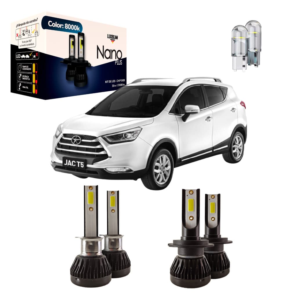 Kit Super Led Jac T5 2015 a 2019 Nano Plus 30w 27.000lm 8000k Farol Alto Baixo e Milha Luxbeam