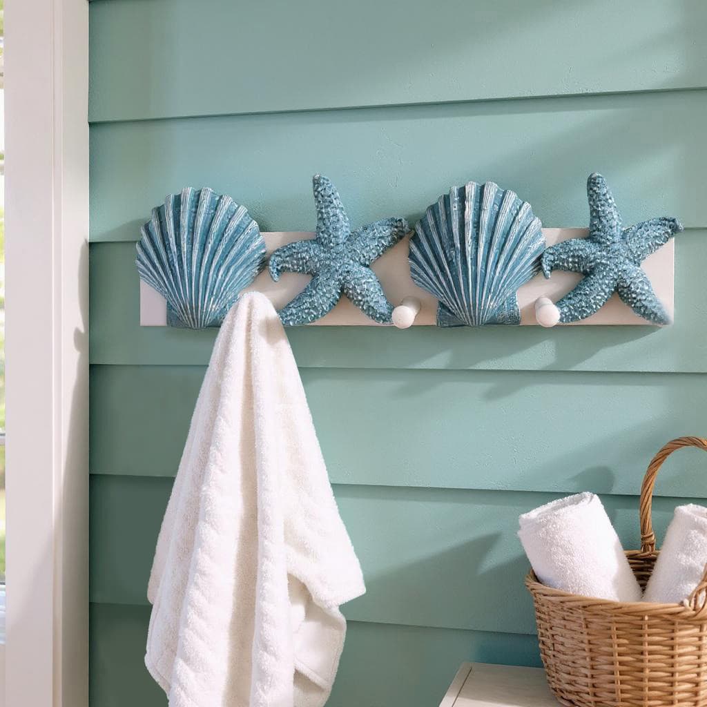 Cabideiro e Porta-chaves Conchas e Estrelas Branco e Azul em Madeira e Resina 39x9,5x5,5 cm