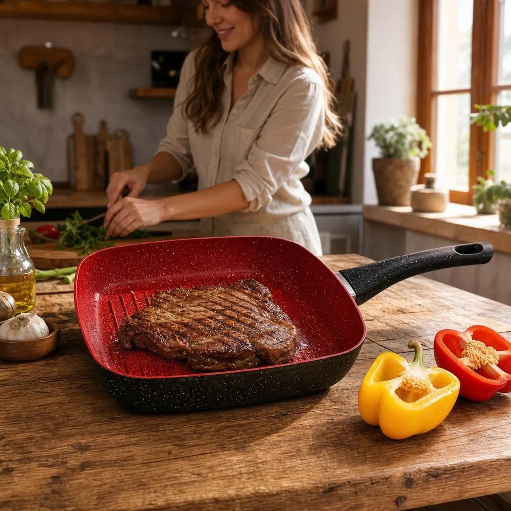 Frigideira Bistequeira Grill Indução 24cm Revestimento Antiaderente Não Gruda Sem Óleo Fogão Gás