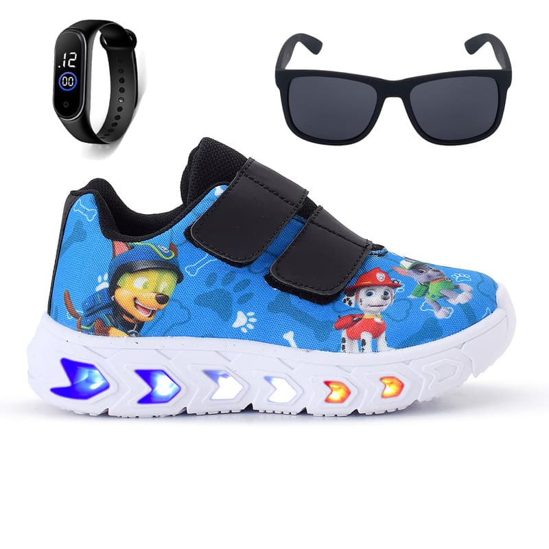 Kit com Tênis Led Diário Escolar Meninos + Óculos e Relógio