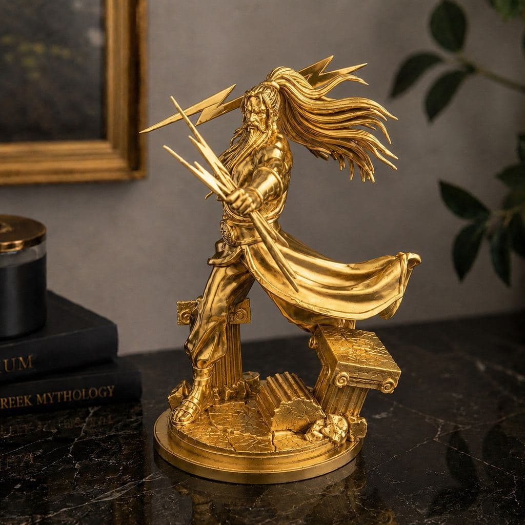 Estátua Zeus — Rei dos Deuses com Raios do Olimpo