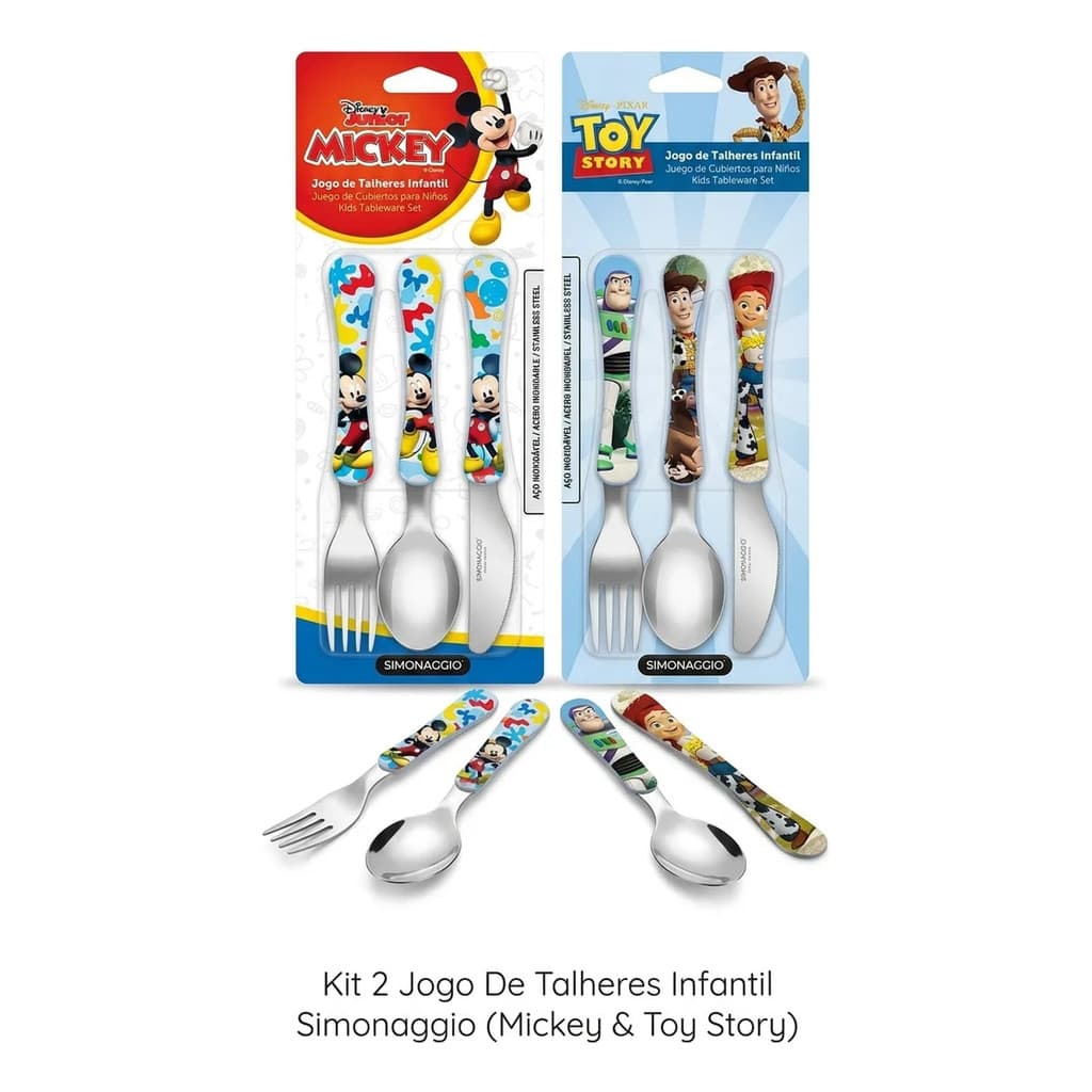 Kit 2 Conjunto Talheres Simonaggio Infantil Disney 6 Peças Kit Mickey; Toy Story