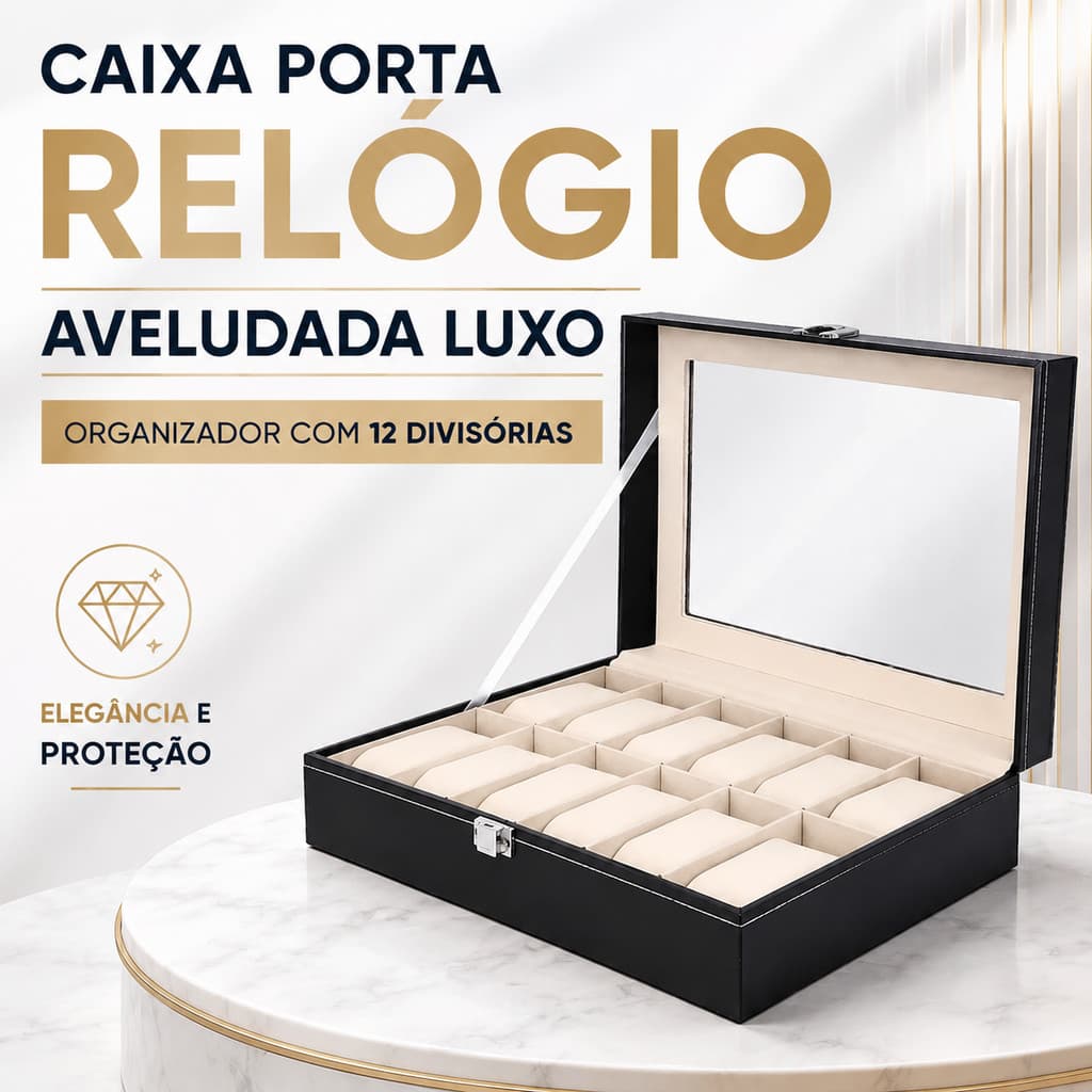 Porta Relógio Estojo Caixa Com 1/3/6/12 Nichos Divisórias Luxo Veludo E Couro Luxo