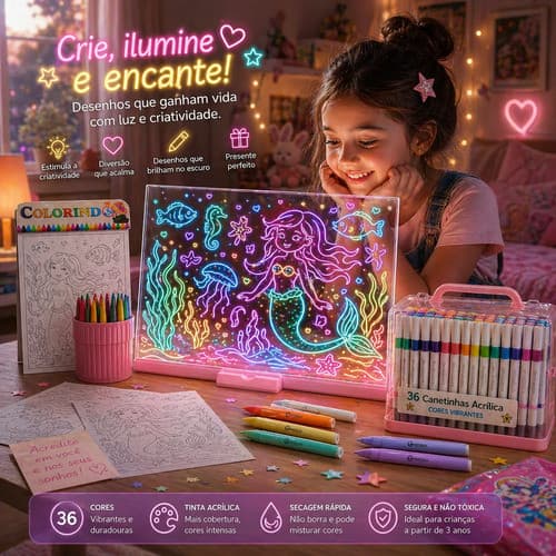 Kit Lousa Mágica LED Infantil com Canetas Acrílicas e Desenhos