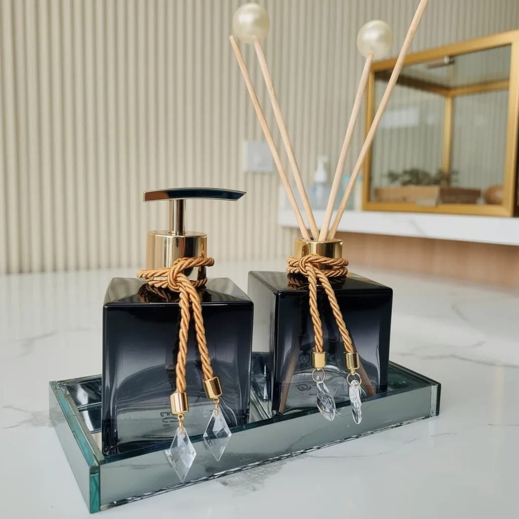 Kit Lavabo Luxo Vidro Saboneteira Difusor Bandeja Vidro