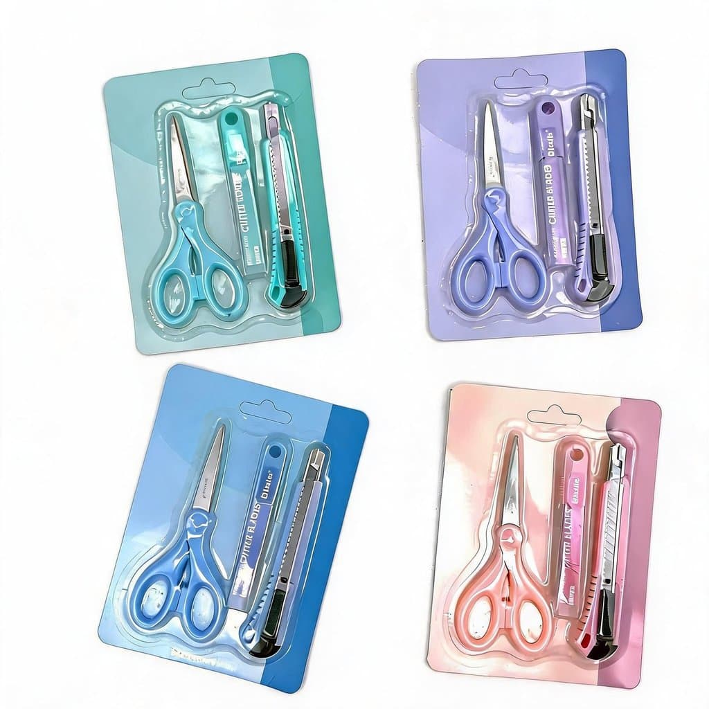 Kit Papelaria 3 Em 1 Tesoura Aço Inoxidável + Estilete Retrátil + Lâminas Reposição Cores Morandi
